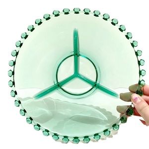 Vintage Green Glass Separated Plate Dish With Round Bauble Edge 3 Compartment